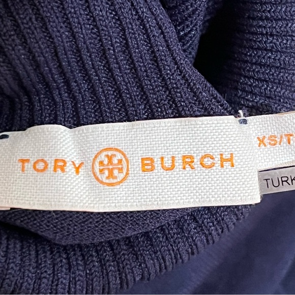 Tory Burch Candace Navy Turtleneck Sweater With Red "T" Logo On Sleeve - Picture 5 of 7